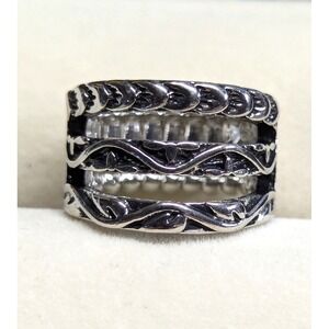 New Filigree Stretchy Ring Silver Tone Wide Band Scroll Design 3 Multi Row Plus